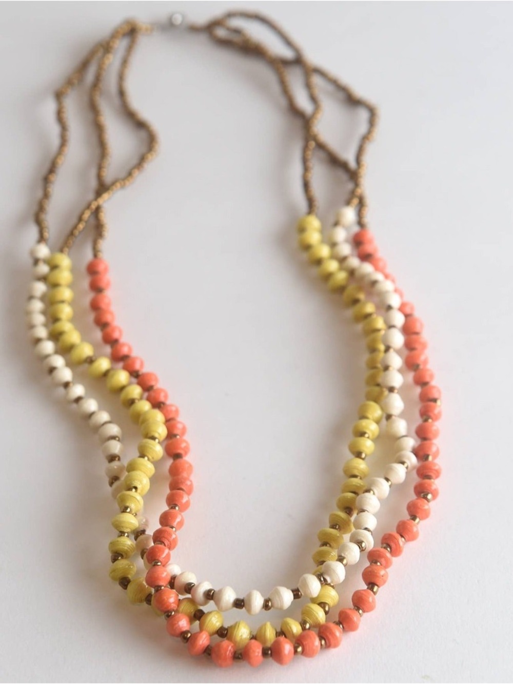 Multistrand Coral, Yellow & Cream Beaded Necklace